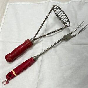 Red Wood Handled Vintage Kitchen Utensils